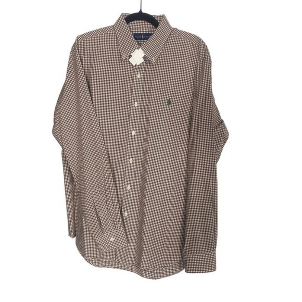 Ralph Lauren Mens Brown Gingham Check Button Down Shirt‎ Long Sleeve Cotton L